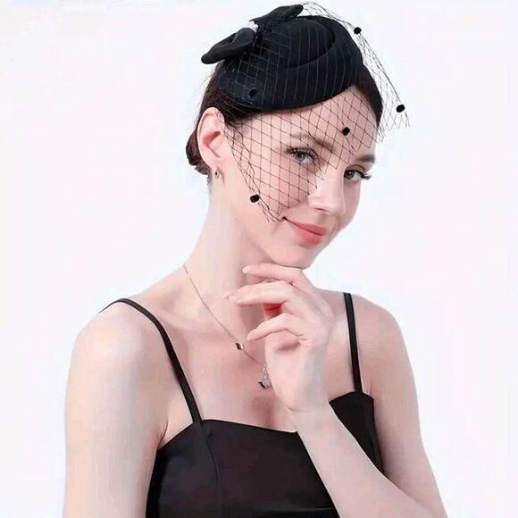 🖤 Pinup Accessory 1950s Retro Vintage Fascinator Black Pillbox Pearl Veil Hat - Picture 11 of 13